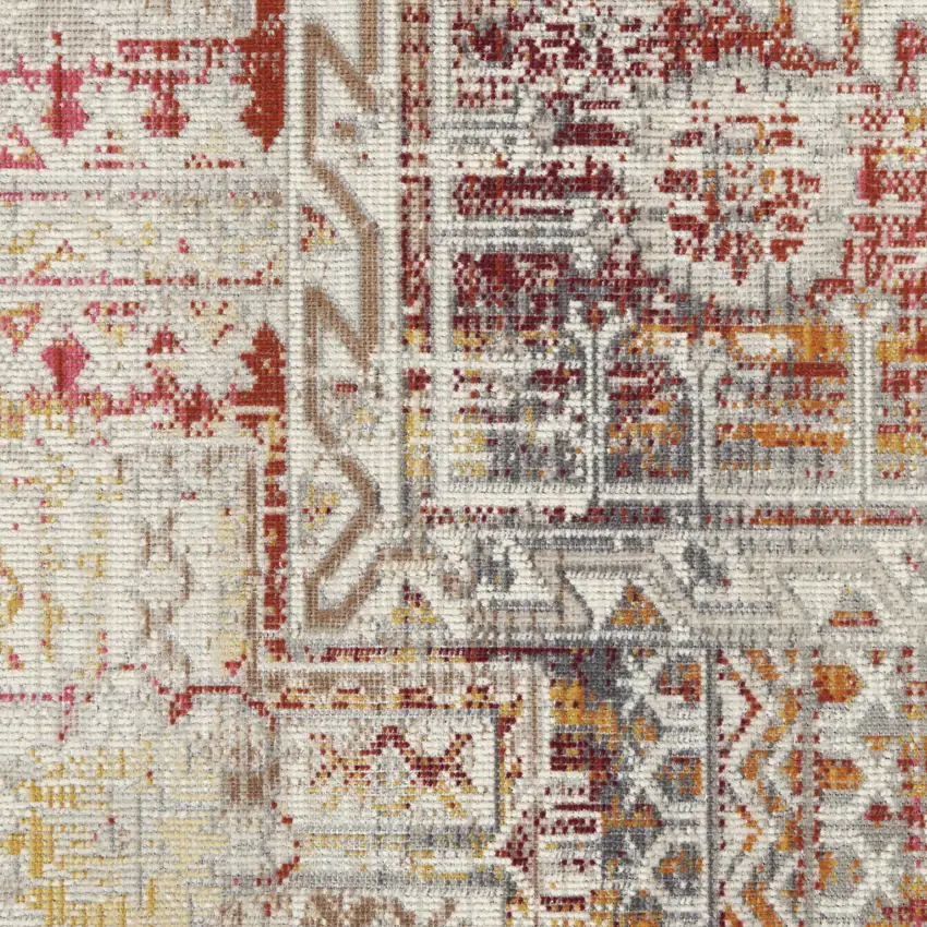 6' Ivory Red And Orange Floral Distressed Runner Rug Photo 8