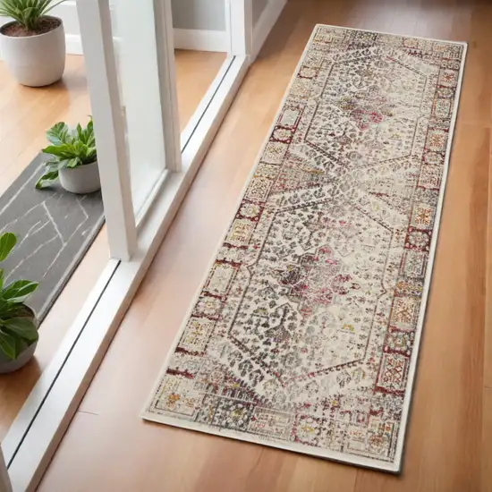 6' Ivory Red And Orange Floral Distressed Runner Rug Photo 1