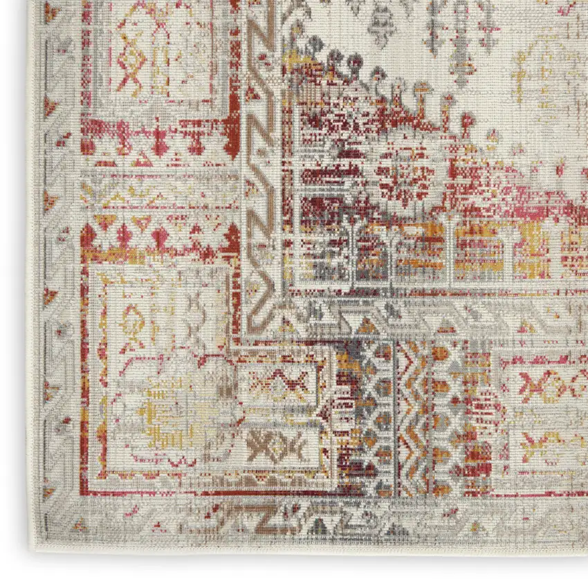 6' Ivory Red And Orange Floral Distressed Runner Rug Photo 6