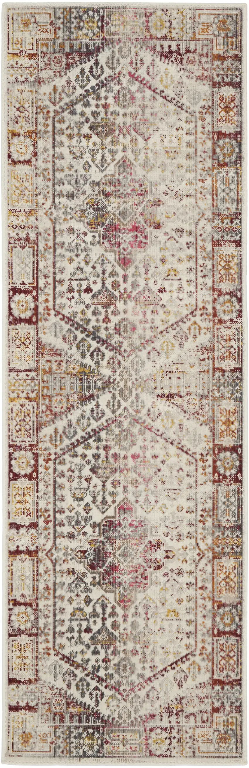 6' Ivory Red And Orange Floral Distressed Runner Rug Photo 1