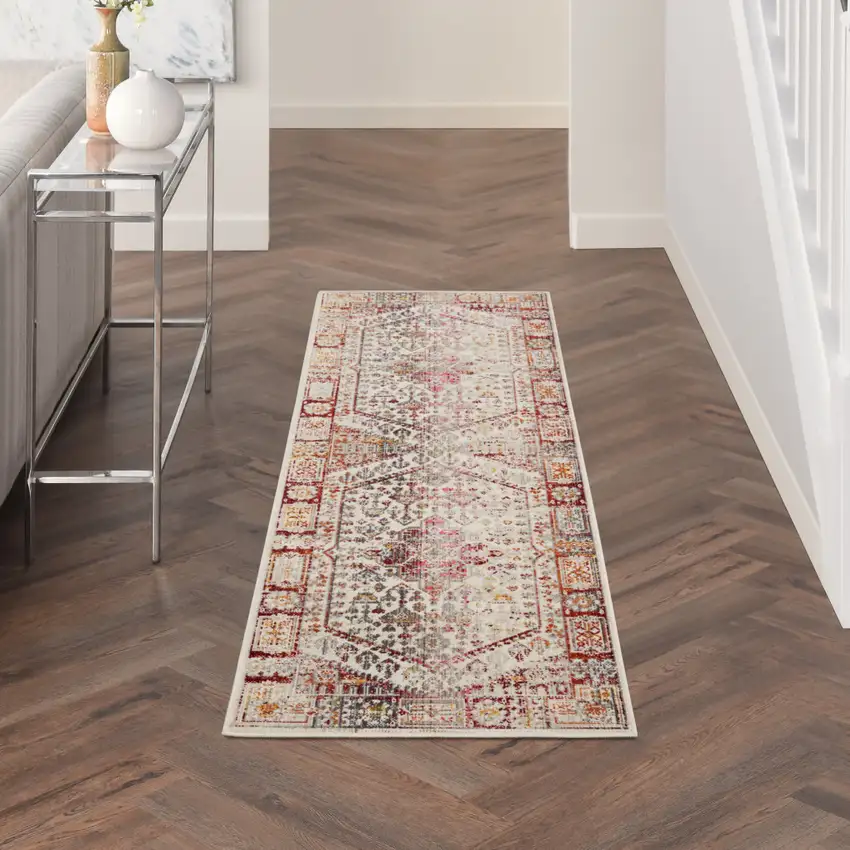 6' Ivory Red And Orange Floral Distressed Runner Rug Photo 4