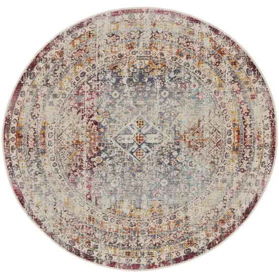 6' Ivory Red And Orange Geometric Distressed Round Rug Photo 1
