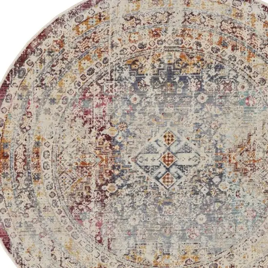 6' Ivory Red And Orange Geometric Distressed Round Rug Photo 9