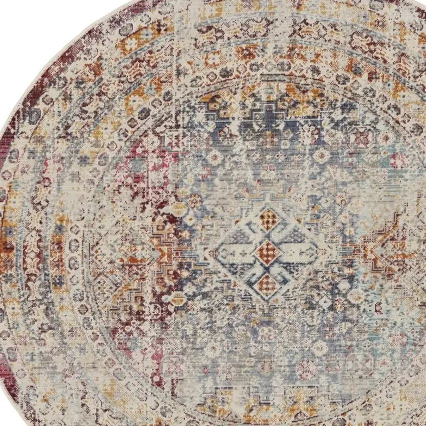 6' Ivory Red And Orange Geometric Distressed Round Rug Photo 9