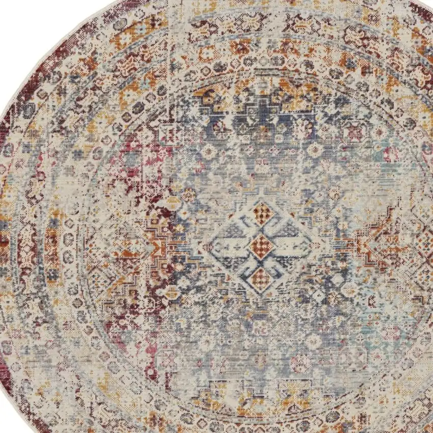 6' Ivory Red And Orange Geometric Distressed Round Rug Photo 3