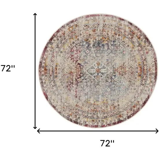 6' Ivory Red And Orange Geometric Distressed Round Rug Photo 3