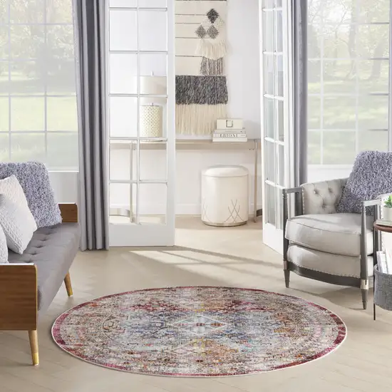 6' Ivory Red And Orange Geometric Distressed Round Rug Photo 7