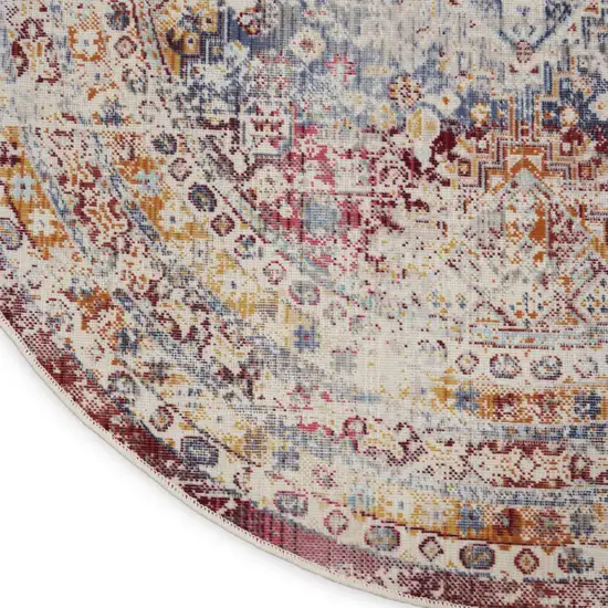 4' Ivory Red And Orange Geometric Distressed Round Rug Photo 8