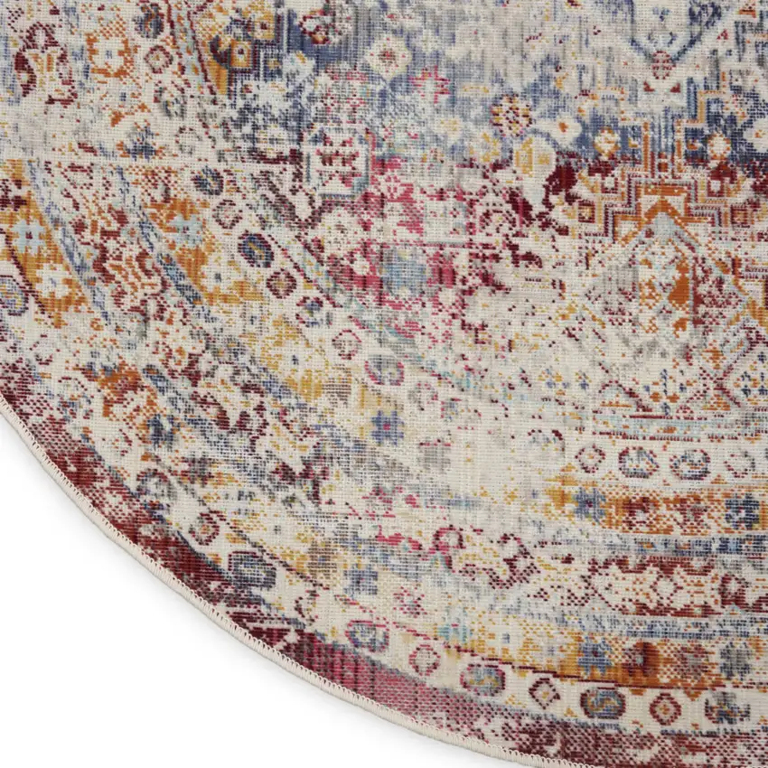 4' Ivory Red And Orange Geometric Distressed Round Rug Photo 8
