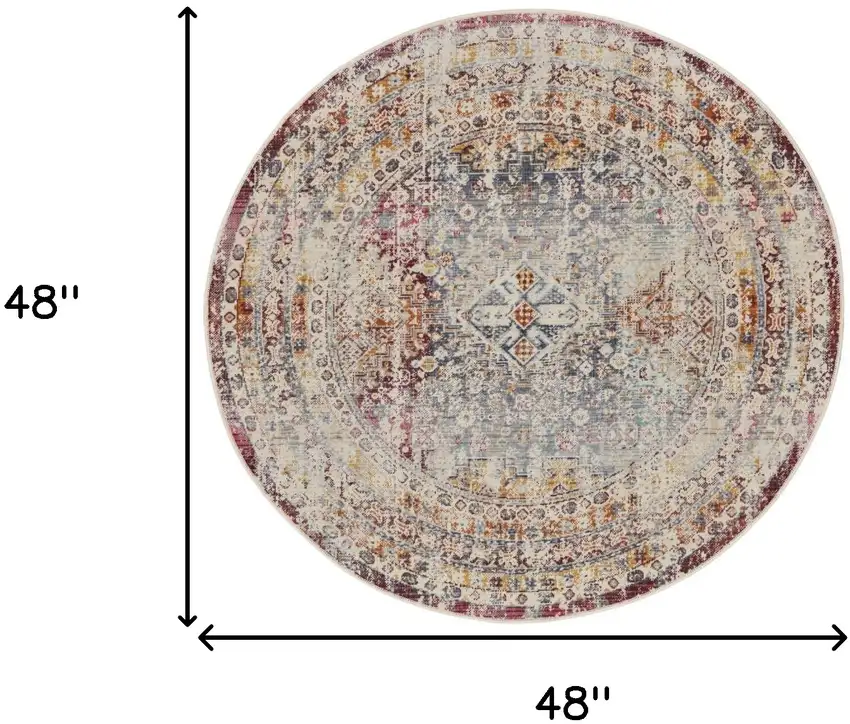 4' Ivory Red And Orange Geometric Distressed Round Rug Photo 3
