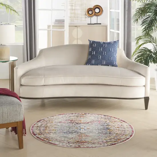 4' Ivory Red And Orange Geometric Distressed Round Rug Photo 6