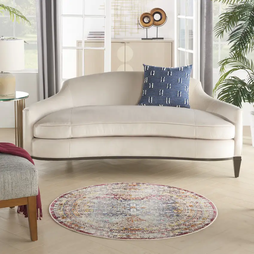 4' Ivory Red And Orange Geometric Distressed Round Rug Photo 6