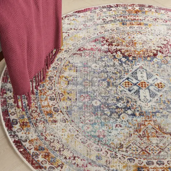 4' Ivory Red And Orange Geometric Distressed Round Rug Photo 9