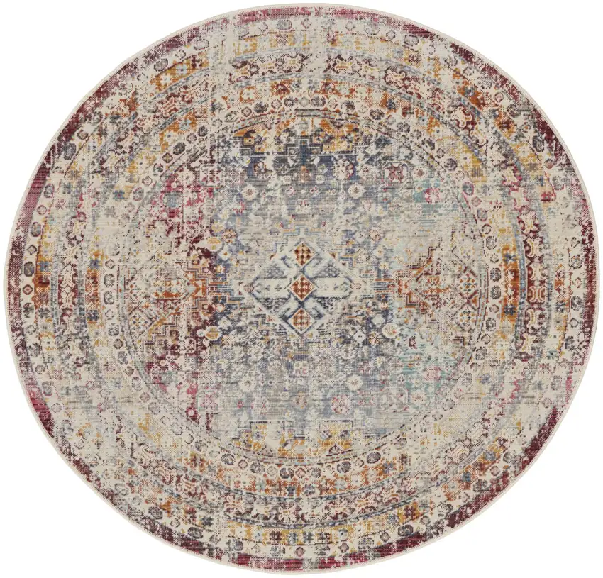 4' Ivory Red And Orange Geometric Distressed Round Rug Photo 1