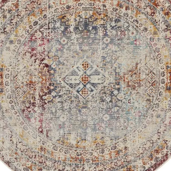 4' Ivory Red And Orange Geometric Distressed Round Rug Photo 8
