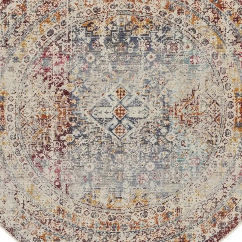 4' Ivory Red And Orange Geometric Distressed Round Rug Photo 8