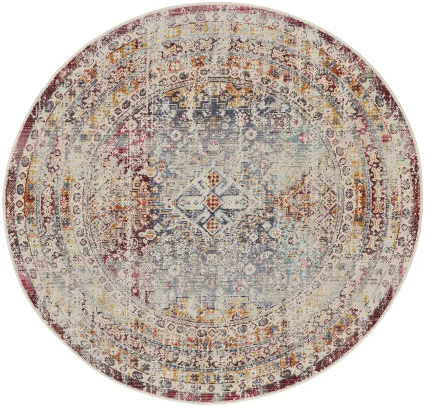 4' Ivory Red And Orange Geometric Distressed Round Rug Photo 2
