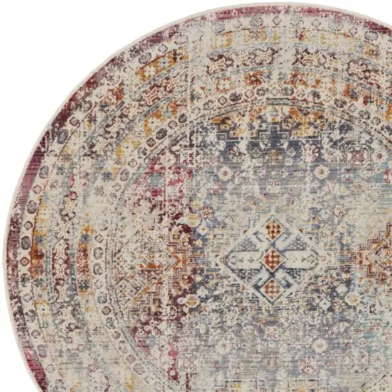 4' Ivory Red And Orange Geometric Distressed Round Rug Photo 2