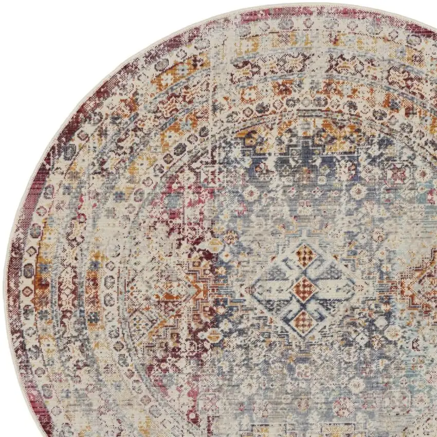 4' Ivory Red And Orange Geometric Distressed Round Rug Photo 2