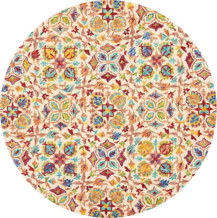 8' Ivory Red And Orange Wool Floral Hand Tufted Round Rug Photo 1