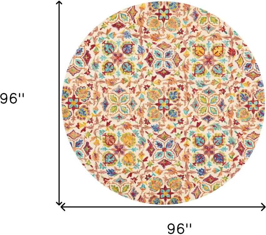 8' Ivory Red And Orange Wool Floral Hand Tufted Round Rug Photo 3