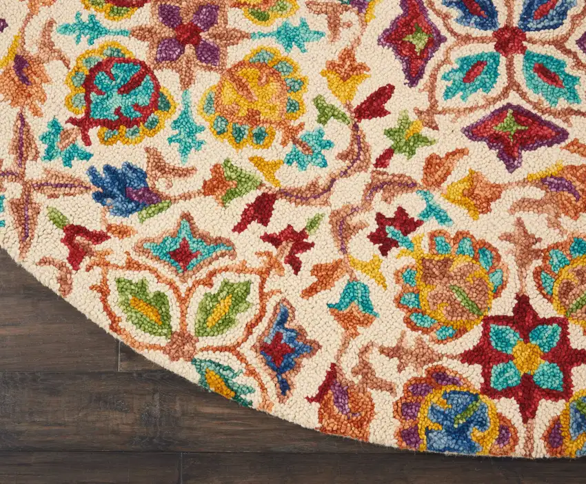 8' Ivory Red And Orange Wool Floral Hand Tufted Round Rug Photo 4