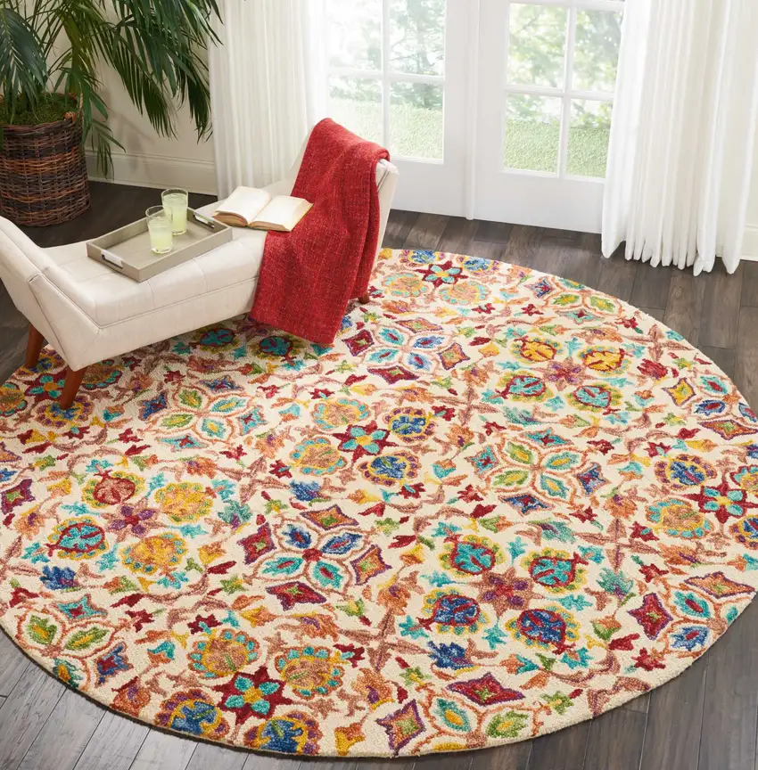 8' Ivory Red And Orange Wool Floral Hand Tufted Round Rug Photo 8
