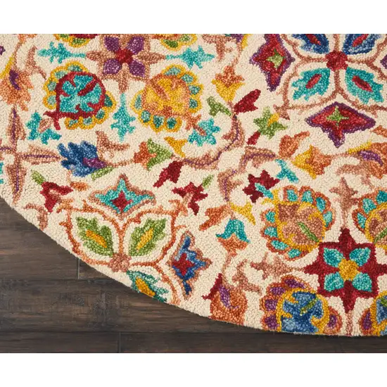8' Ivory Red And Orange Wool Floral Hand Tufted Round Rug Photo 8