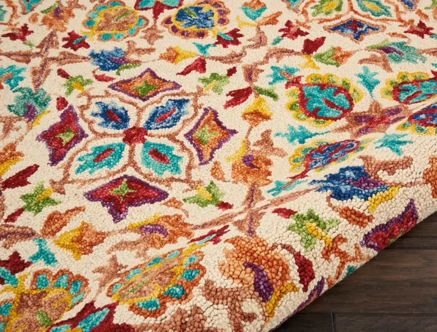 8' Ivory Red And Orange Wool Floral Hand Tufted Round Rug Photo 5