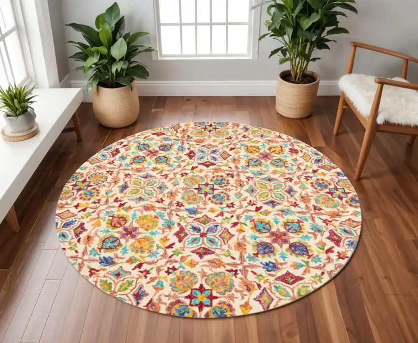 8' Ivory Red And Orange Wool Floral Hand Tufted Round Rug Photo 1