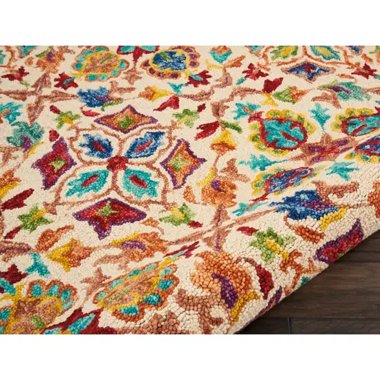 8' Ivory Red And Orange Wool Floral Hand Tufted Round Rug Photo 9