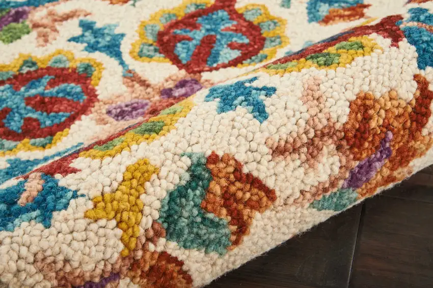 8' Ivory Red And Orange Wool Floral Hand Tufted Runner Rug Photo 4