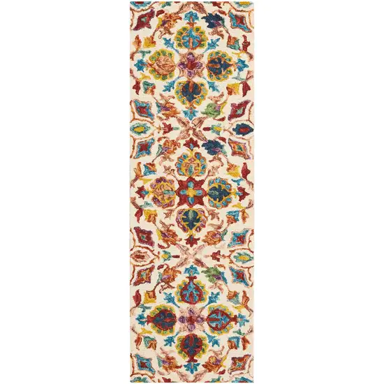 8' Ivory Red And Orange Wool Floral Hand Tufted Runner Rug Photo 5