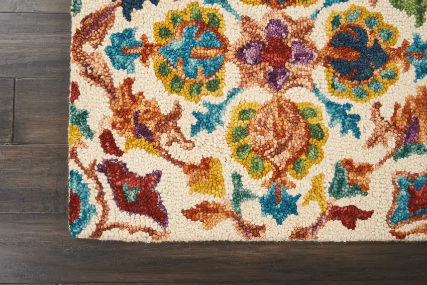 8' Ivory Red And Orange Wool Floral Hand Tufted Runner Rug Photo 7