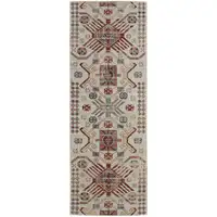 Photo of 8' Ivory Red And Tan Abstract Power Loom Distressed Stain Resistant Runner Rug