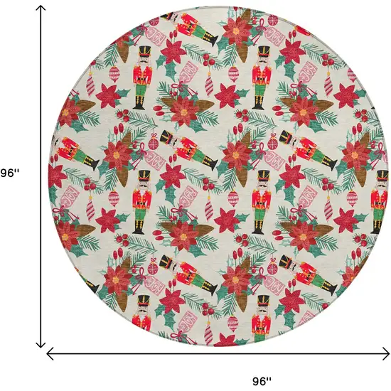 8' Ivory Red Black Pink And Brown Round Floral Washable Indoor Outdoor Area Rug Photo 9