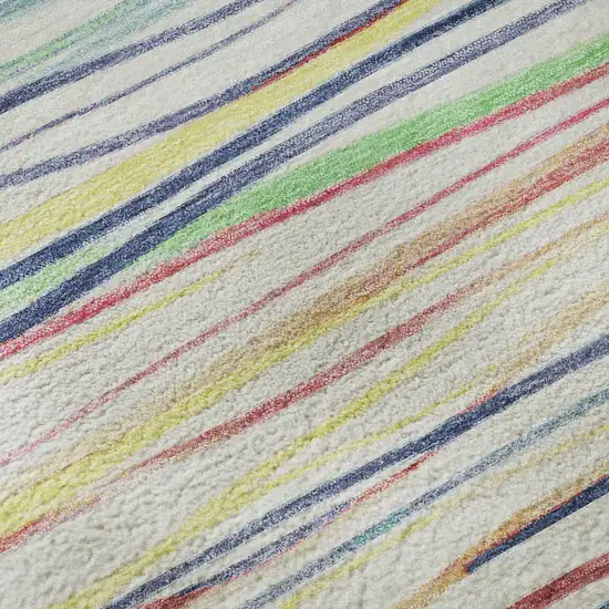 8' Ivory Red Yellow And Green Striped Washable Area Rug With UV Protection Photo 9