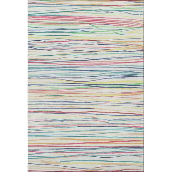 8' Ivory Red Yellow And Green Striped Washable Area Rug With UV Protection Photo 3