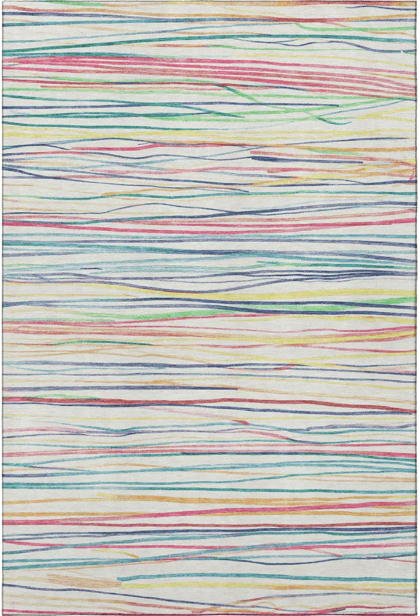 8' Ivory Red Yellow And Green Striped Washable Area Rug With UV Protection Photo 3