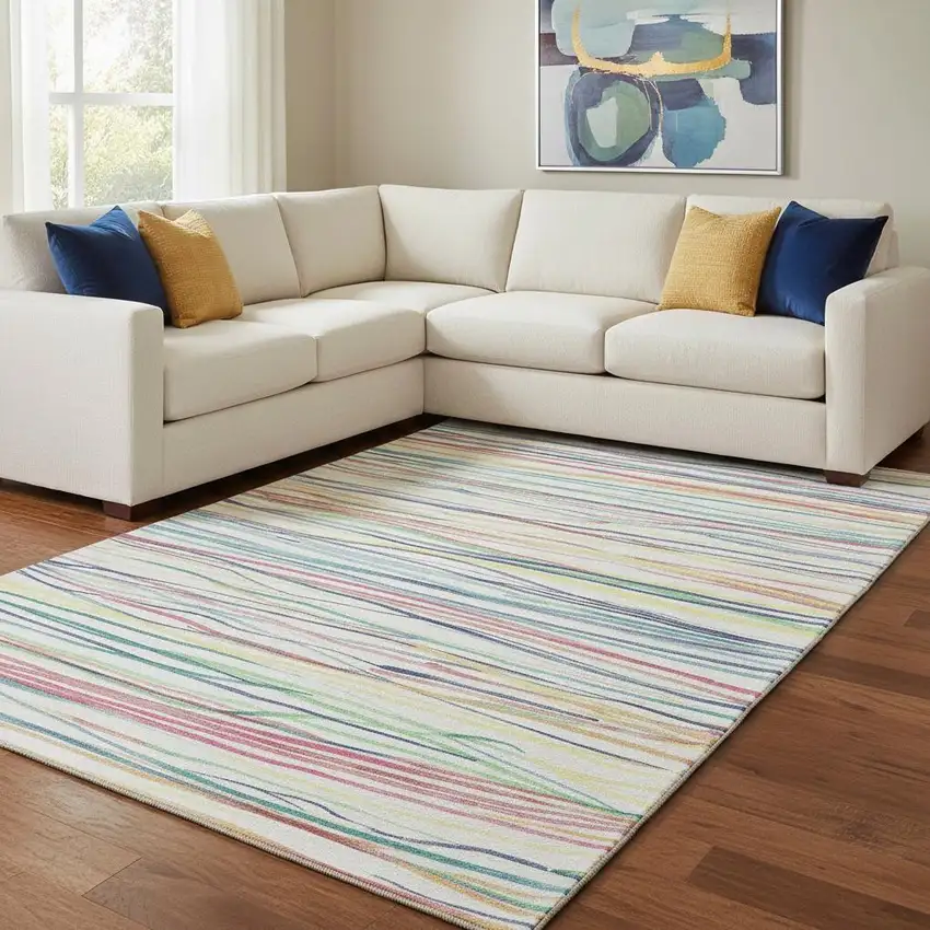 8' Ivory Red Yellow And Green Striped Washable Area Rug With UV Protection Photo 2