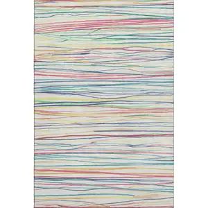 Photo of 8' Ivory Red Yellow And Green Striped Washable Area Rug With UV Protection