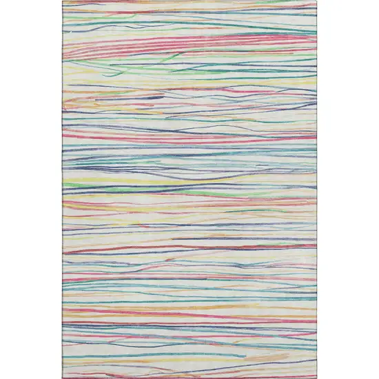 8' Ivory Red Yellow And Green Striped Washable Area Rug With UV Protection Photo 1