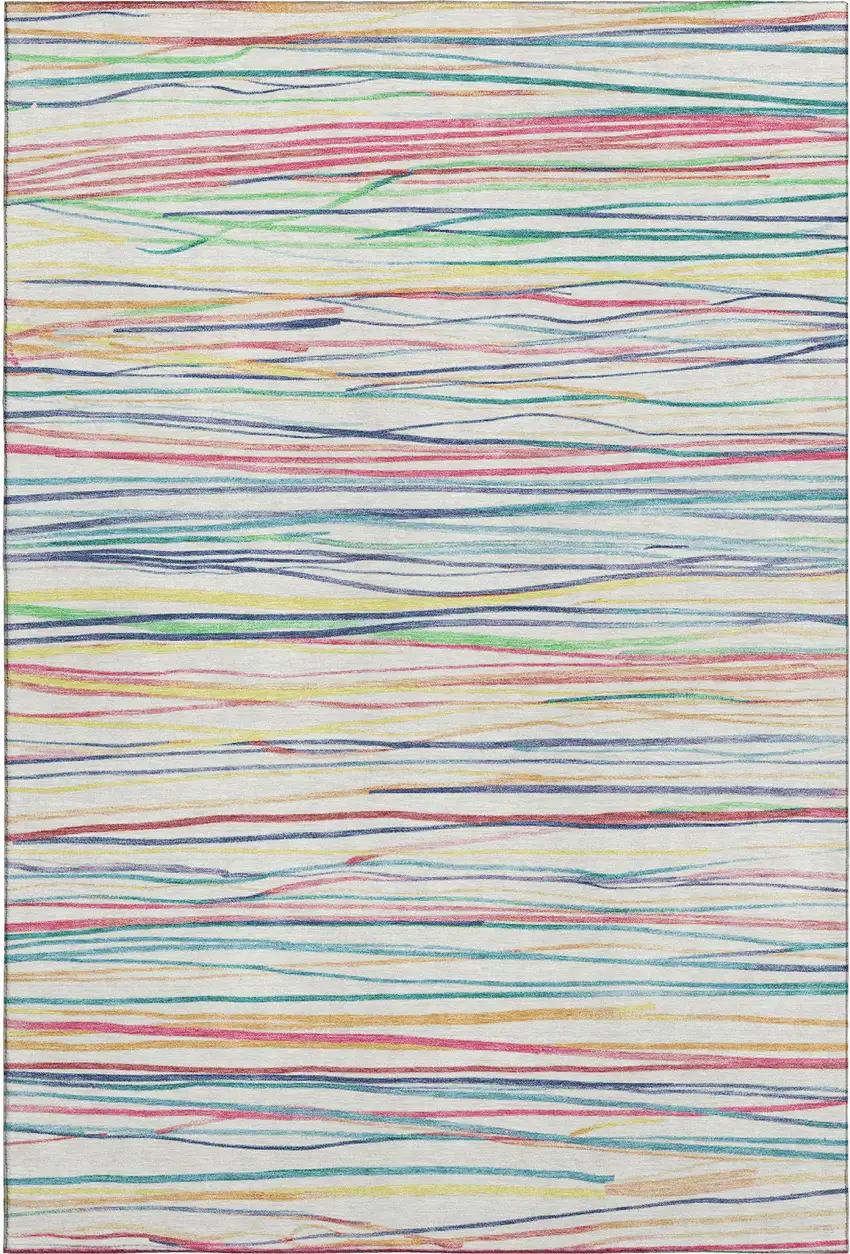 8' Ivory Red Yellow And Green Striped Washable Area Rug With UV Protection Photo 1