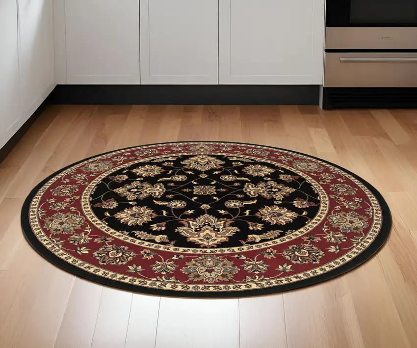6' Ivory Red and Black Floral Round Rug Photo 1