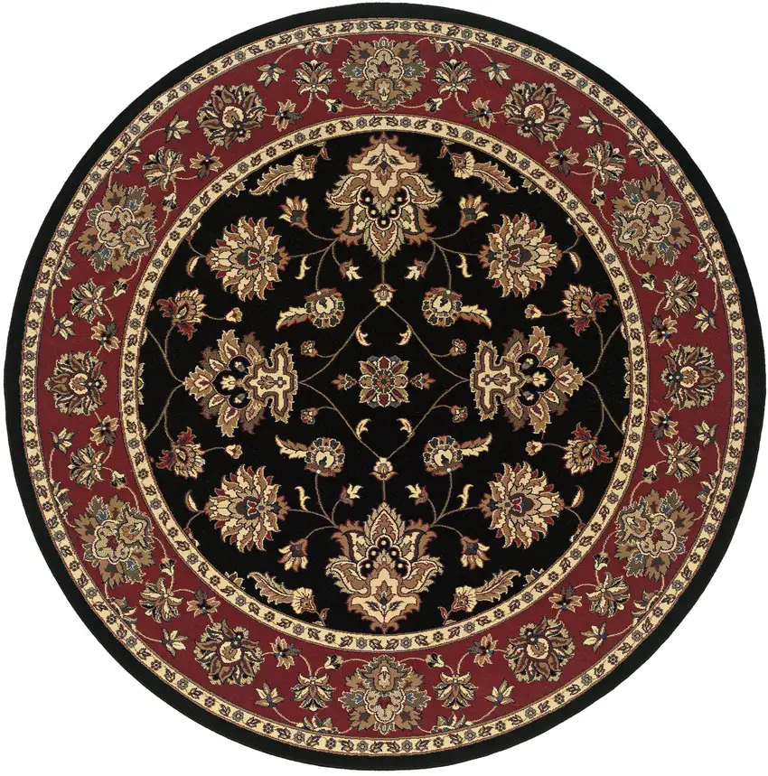 6' Ivory Red and Black Floral Round Rug Photo 2