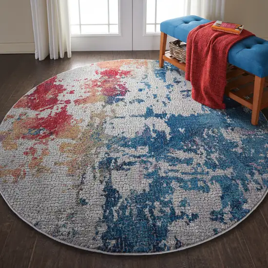 4' Ivory Red and Blue Abstract Distressed Non Skid Round Rug Photo 3