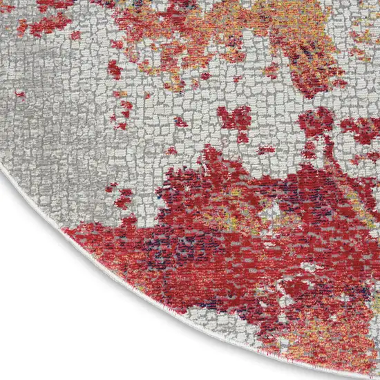 4' Ivory Red and Blue Abstract Distressed Non Skid Round Rug Photo 7