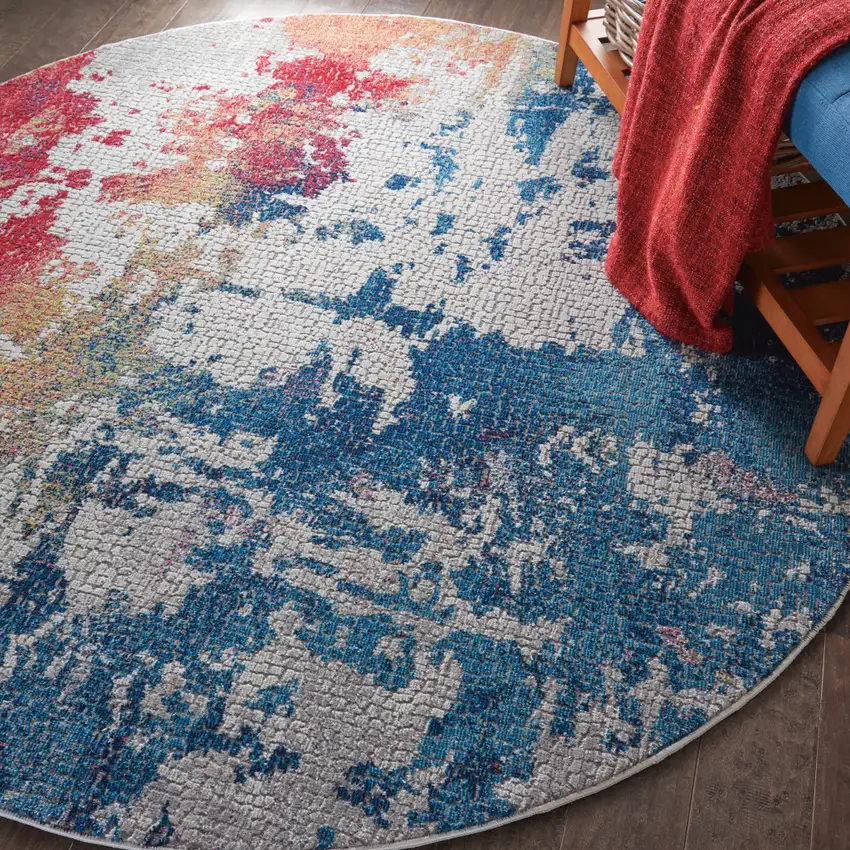 4' Ivory Red and Blue Abstract Distressed Non Skid Round Rug Photo 8