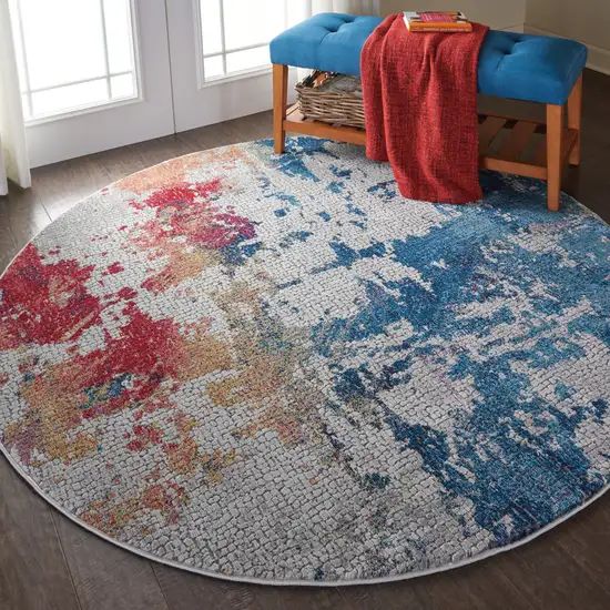 4' Ivory Red and Blue Abstract Distressed Non Skid Round Rug Photo 4