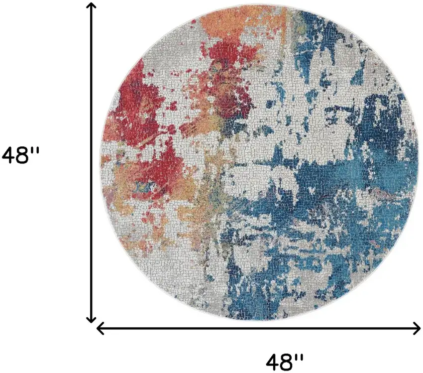 4' Ivory Red and Blue Abstract Distressed Non Skid Round Rug Photo 3